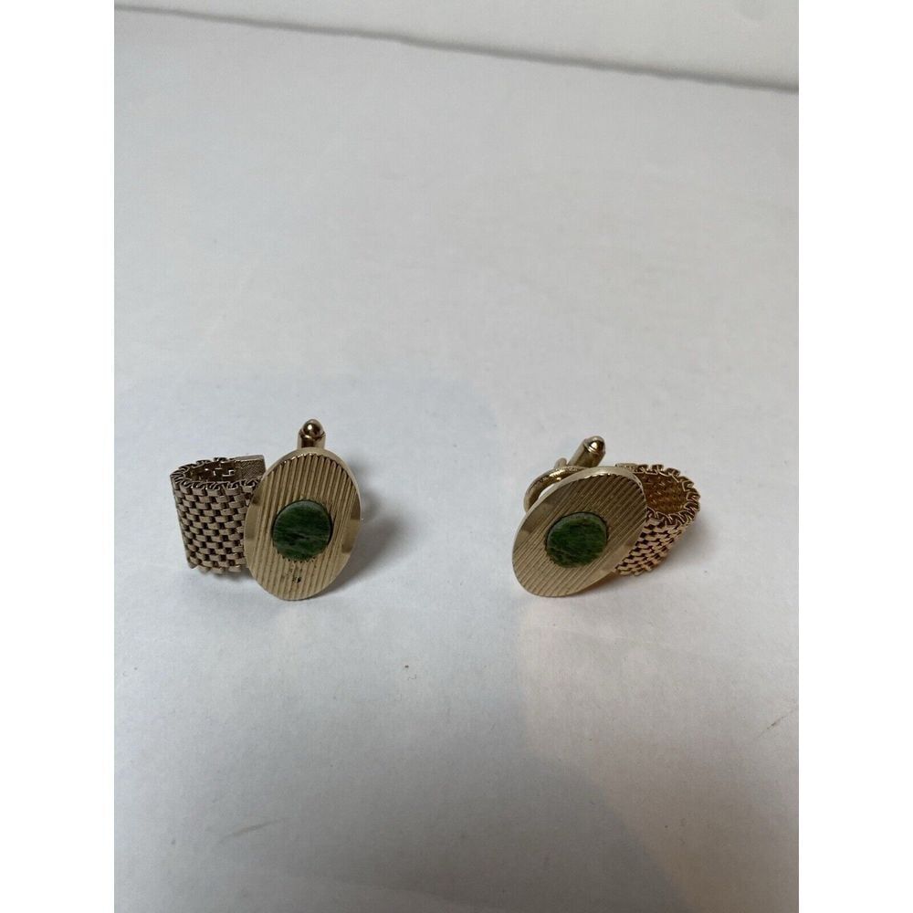 Vintage Gold Tone Mesh Link Cufflinks with Green Stone